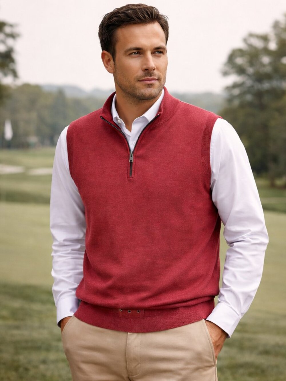 Fairway & Greene Men's Vest Red Italian Merino Wool Quarter-Zip Golf Large